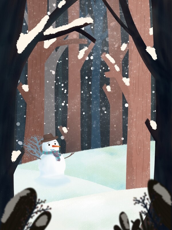 手绘冬季树林雪地雪人背景设计