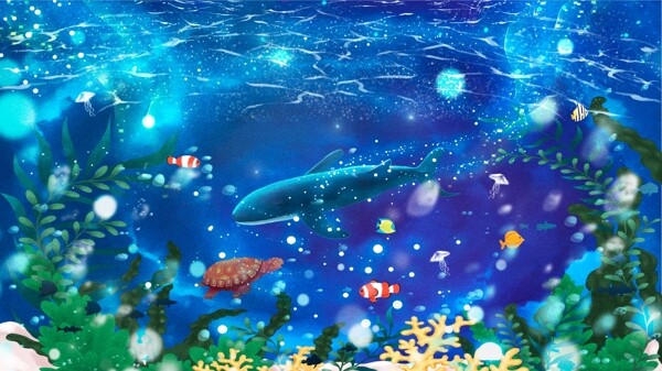 唯美世界海洋日海底世界手绘插画