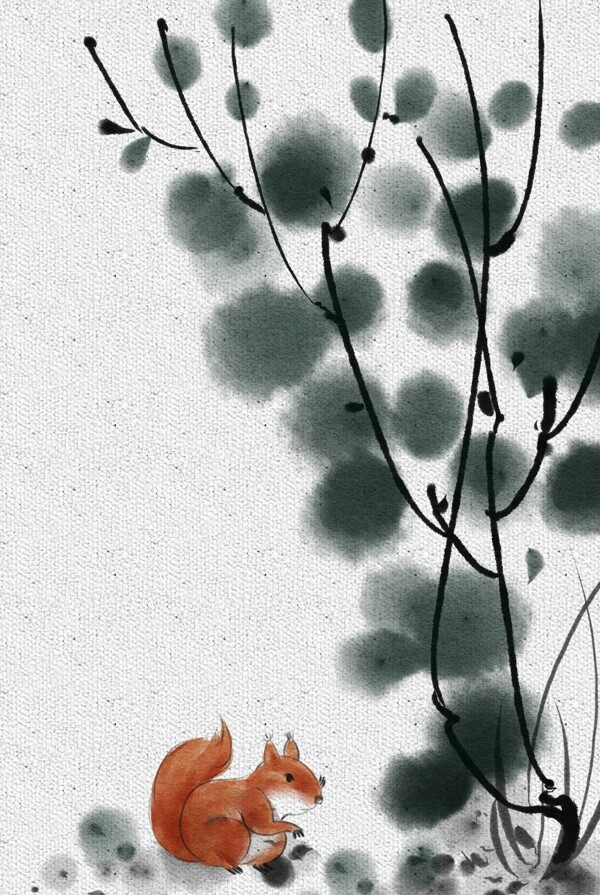 水墨手绘树下的小松鼠电商淘宝背景5