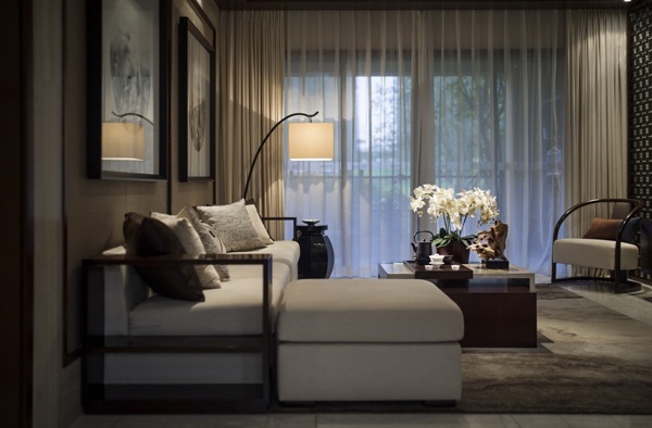 现代时尚客厅浅色薄纱窗帘室内装修效果图