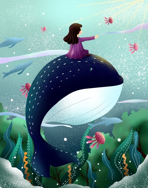 原创插画治愈系鲸鱼与女孩