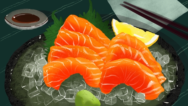 精致美食三文鱼刺身细腻写实原创插画