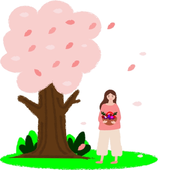 樱花树下的长发女孩