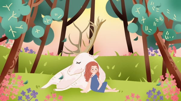 小鹿森林精灵梦幻仙境树林插画手绘海报少女