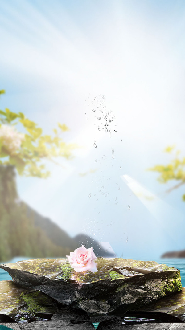 粉色花朵石頭藍(lán)天H5背景素材