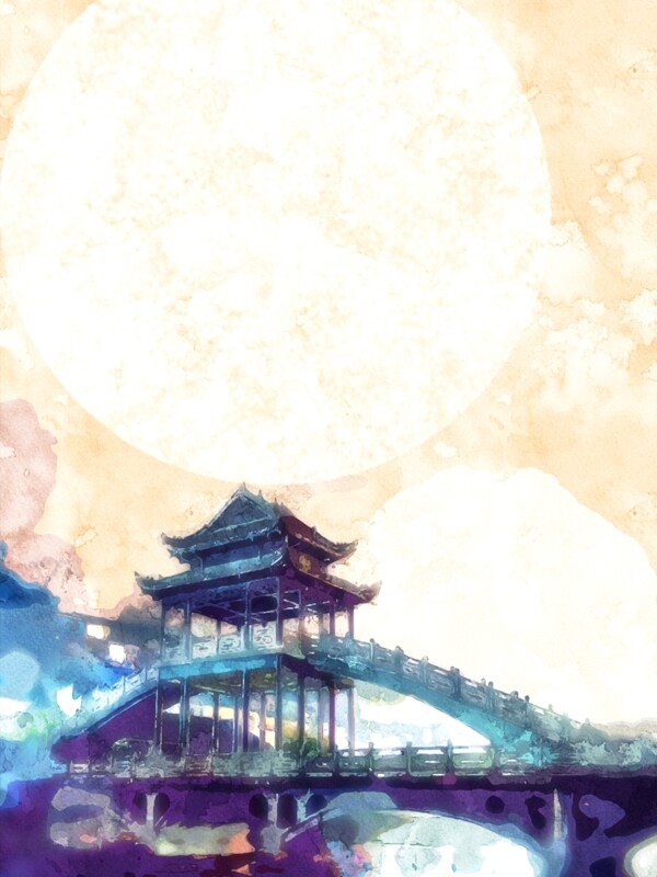 全原创手绘中国古风水彩小桥阁楼背景