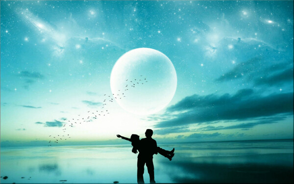 情侶星空月亮藍色主題背景圖