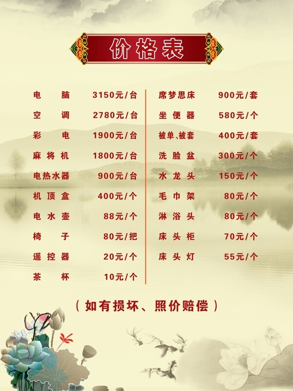 價格表