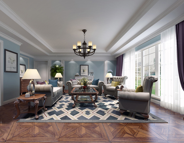 美式清新蓝白花纹地毯客厅室内装修效果图