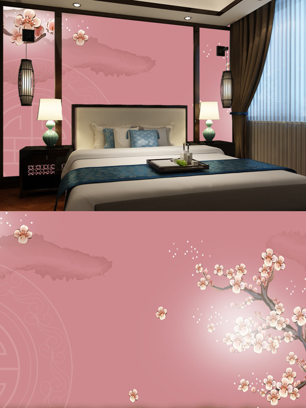中式粉色樱花客厅电视背景墙装饰画
