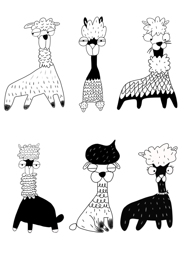 手绘黑白简约可爱动物元素羊驼插画套图