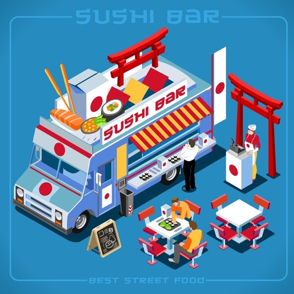日本寿司卡通立体快餐移动贩卖车矢量素材