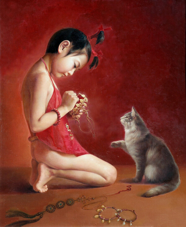 小女孩与猫咪油画图片