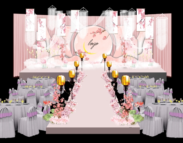 粉色新中式清新婚礼设计效果图