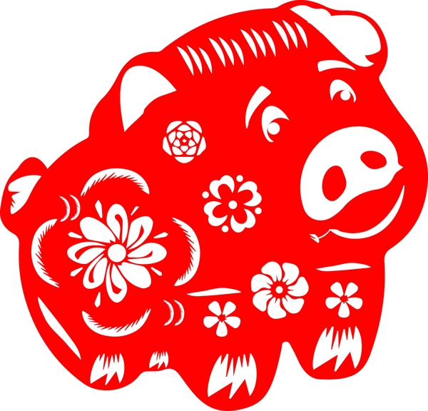 紅色新年喜慶剪紙豬元素