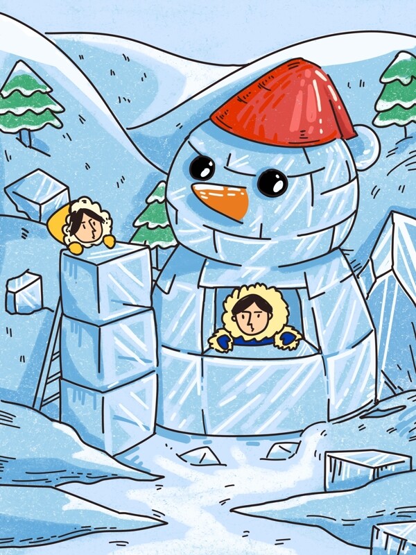 哈尔滨国际冰雪节节日冰屋雪人插画
