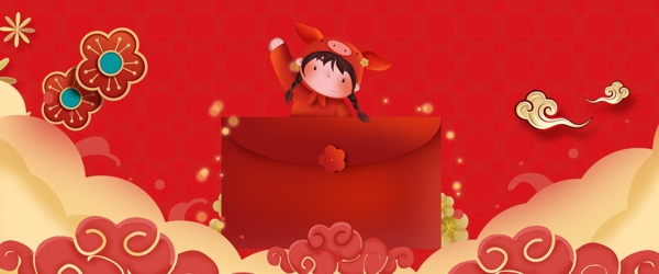 新年喜庆红色春节猪年烫金中国风促销背景