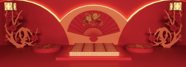 全原创3D空间古风春节红色喜庆舞台背景