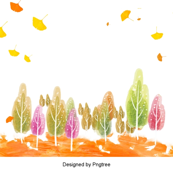 美丽的卡通可爱的手绘水彩画漂浮的秋叶树