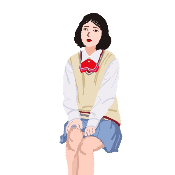 可愛(ài)女學(xué)生坐著看著遠(yuǎn)方原創(chuàng)元素