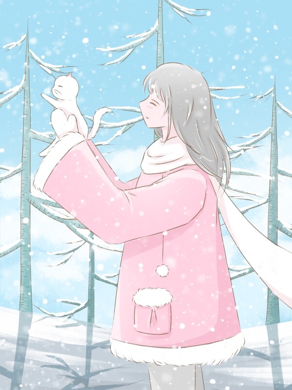 冬天你好小清新插畫樹林抱著小貓的女孩