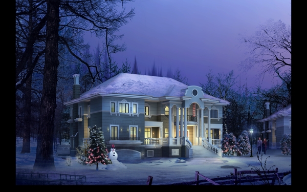 圣诞节房子雪景效果图PSD分层素材