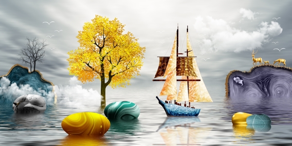 新中式金色黄色帆船大海装饰画