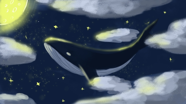 深海遇鲸遨游在云层的鲸鱼治愈插画配图