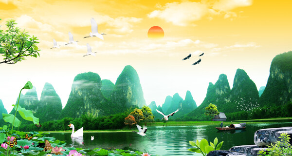 荷花自然風(fēng)景背景墻