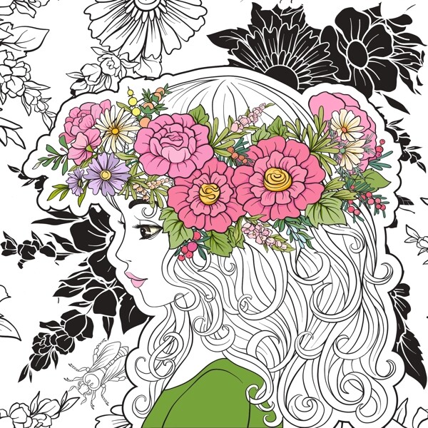 手绘头戴花朵的美女人物插画