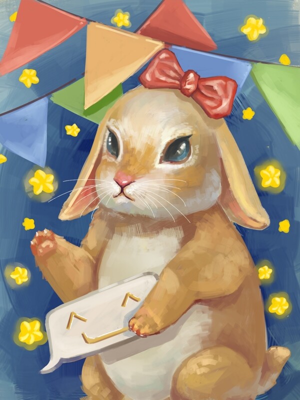 萌宠可爱兔子写实肌理厚涂油画风格手绘插画
