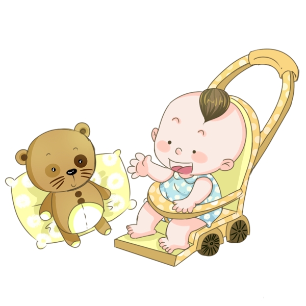 手绘婴儿与玩具熊插画
