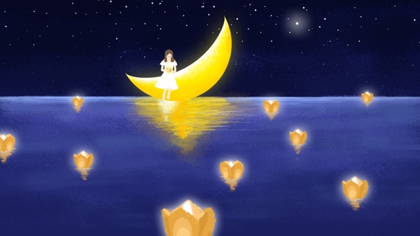 中元节女孩许愿插画