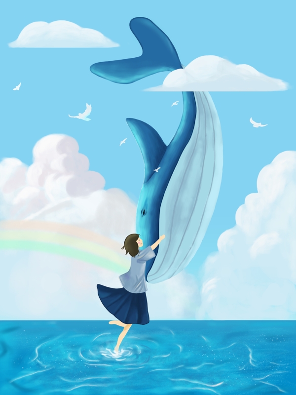 清新唯美梦幻治愈系鲸鱼之海蓝时女孩拥抱鲸