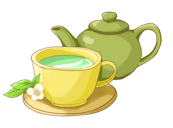 绿色茶壶茶杯插图