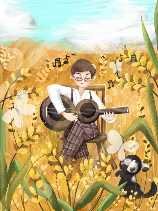 芒种男孩在麦田里弹吉他温馨插画