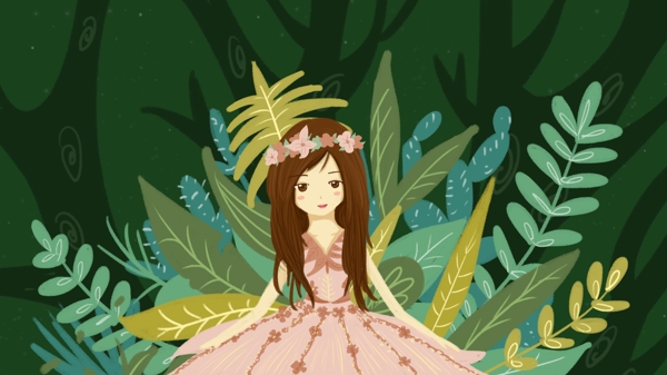 森林公主梦幻绿色女孩原创插画