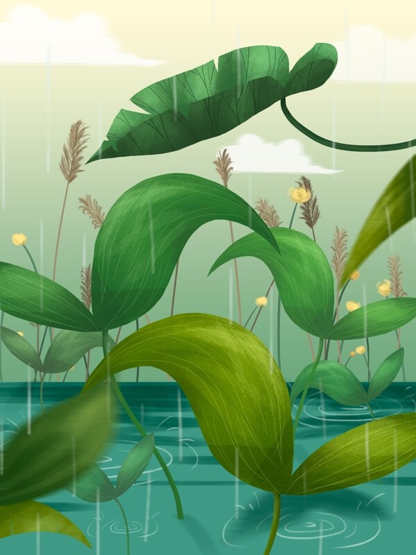 小雨节气河边植物插画背景