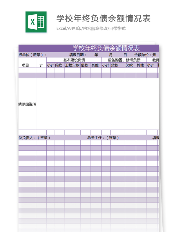 學(xué)校年終負(fù)債余額情況表excel模板