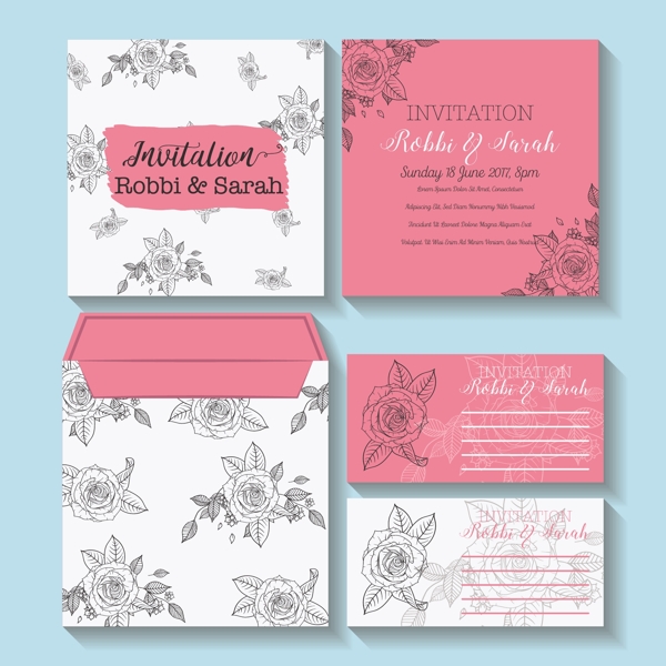 粉红色的鲜花装饰花纹婚礼邀请卡