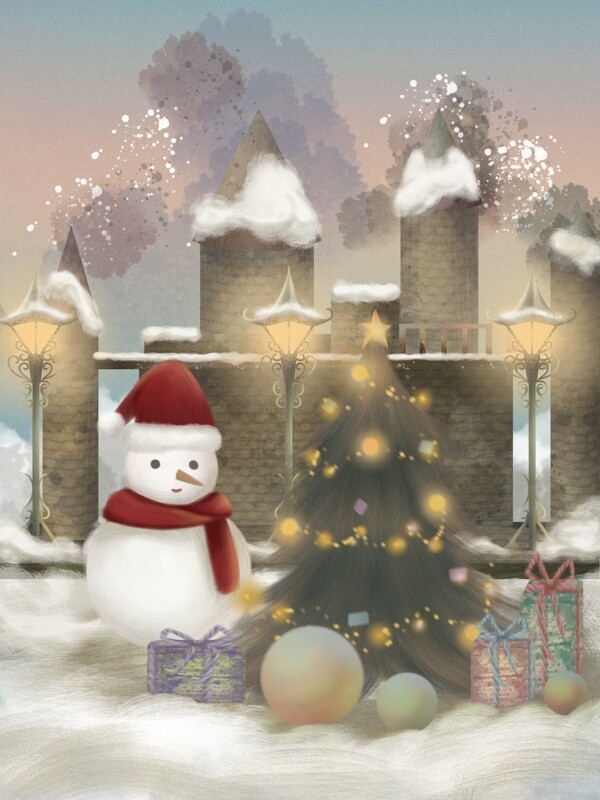 冬日梦幻城堡的圣诞节插画海报