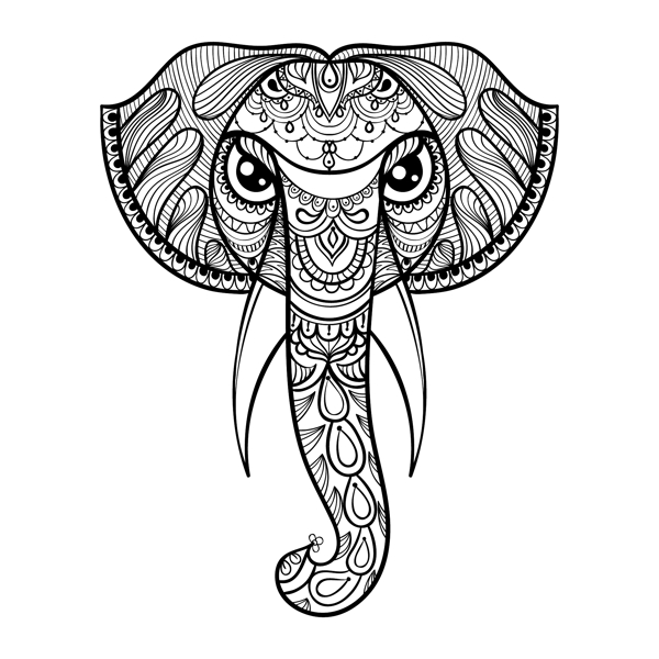 黑白线条艺术大象插画