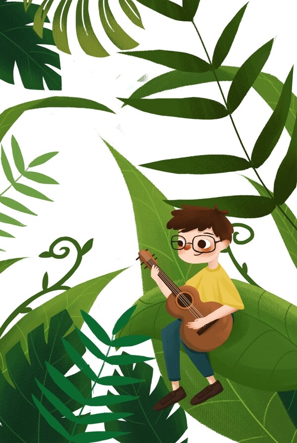 手绘卡通被植物包围的小男孩元素