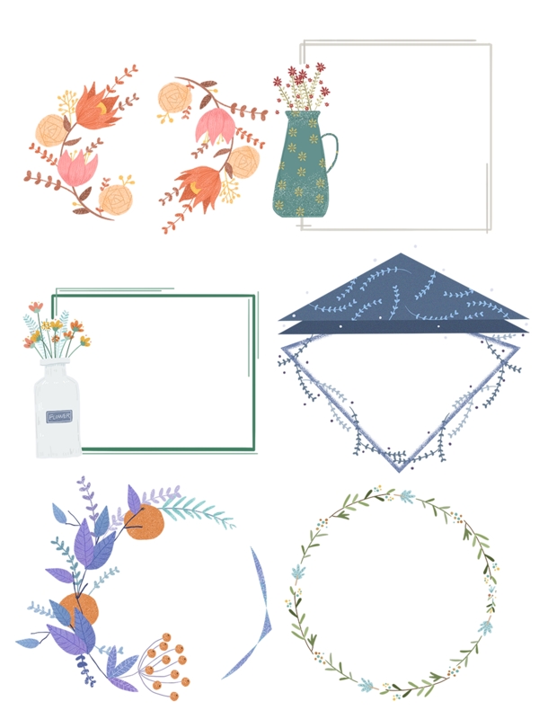 手绘花环植物边框设计元素合集