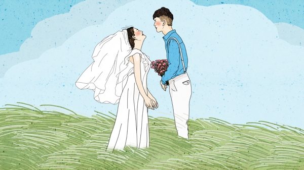 原创小清新大草原上的婚礼爱情手绘插画