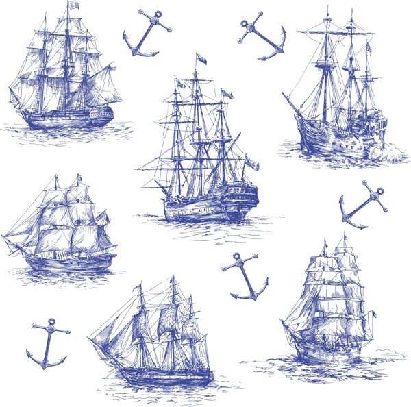 手绘帆船设计元素矢量