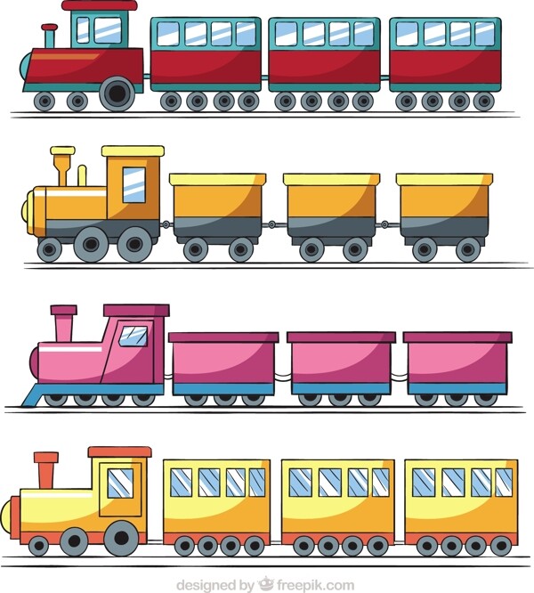 手繪四種玩具火車矢量插畫