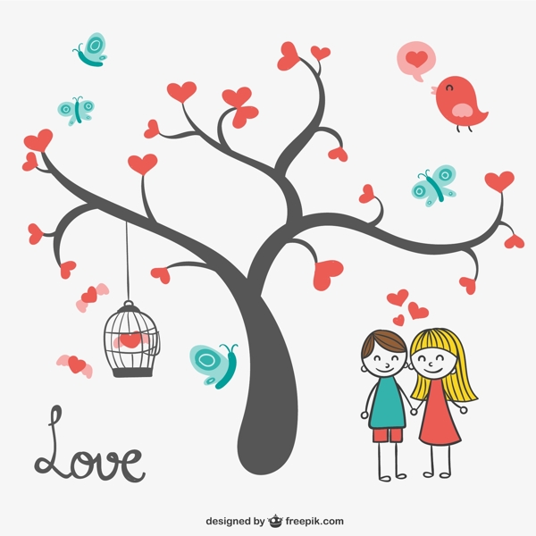 卡通爱心树与情侣