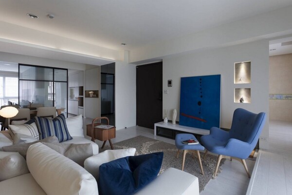 现代清新客厅蓝色背景墙室内装修效果图
