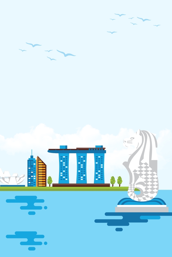 新加坡蓝色小清新鱼尾狮建筑地标背景